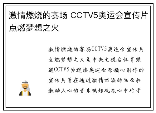 激情燃烧的赛场 CCTV5奥运会宣传片点燃梦想之火